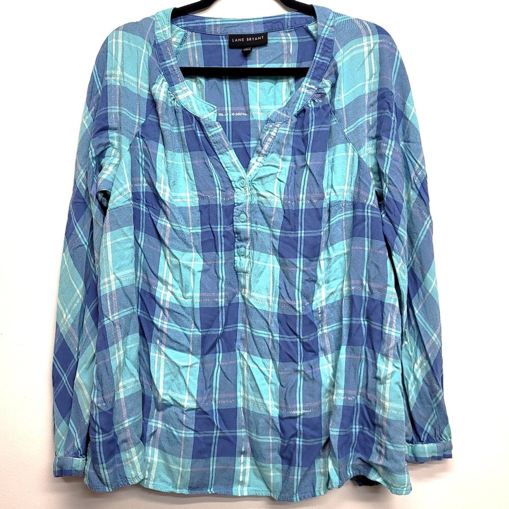 Lane Bryant Long Sleeve V-Neck Metallic Flannel Plaid Shirt Top 14/16